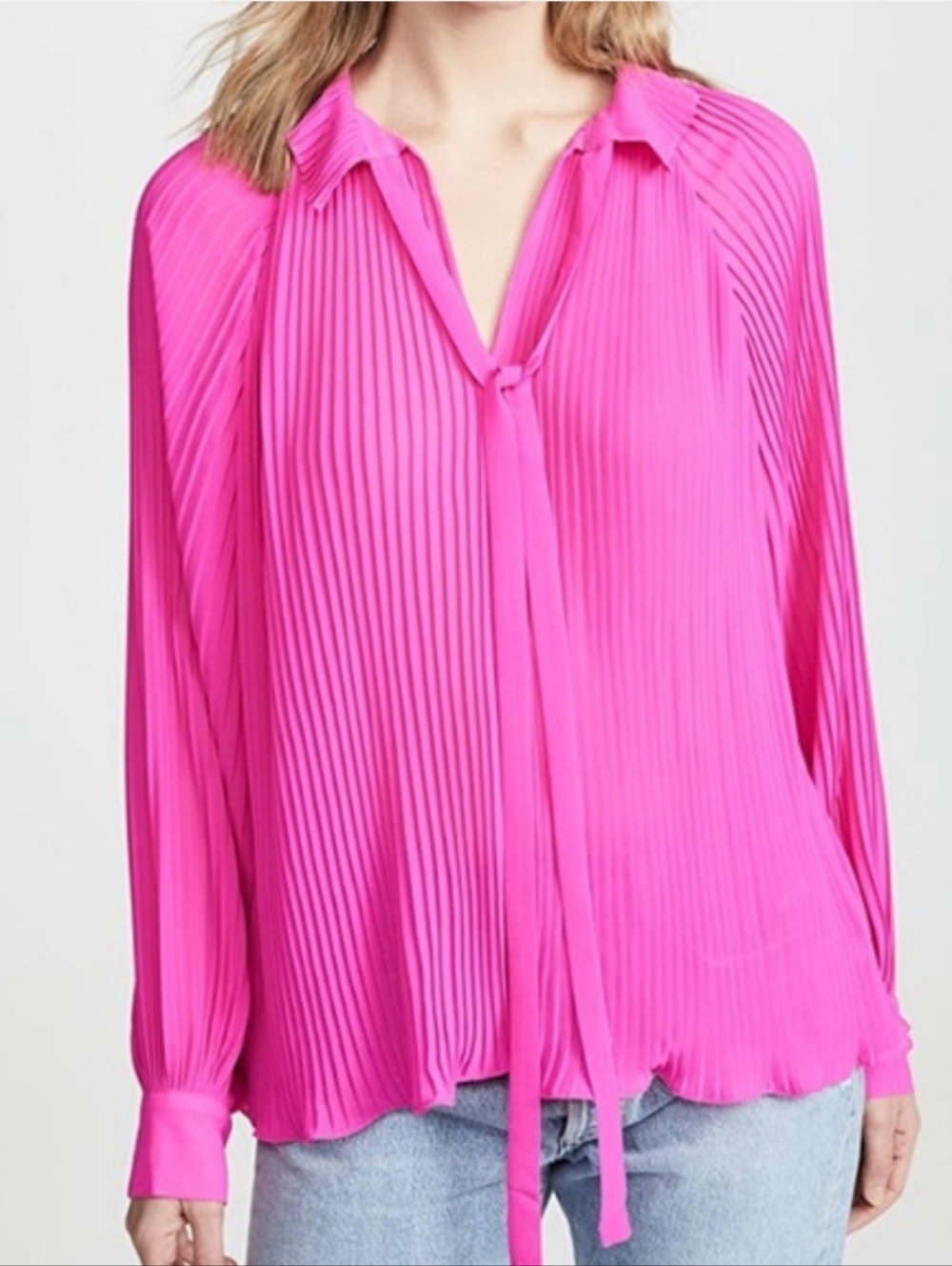 Endless Rose Pleated Tie Neck Long Sleeve Blouse Hot Pink Colorful Size Large